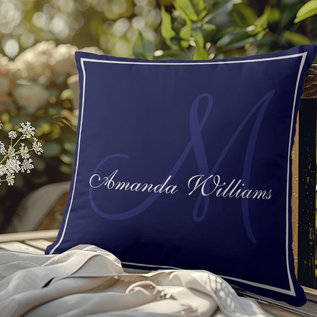 Elegant solid blue white initial monogram cushion (Creator Uploaded)