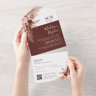 Elegant Solid Burnt Orange Pampas QR Code Wedding All In One Invitation