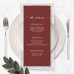 Elegant Solid Colour Dark Wine Cinnamon Red Weddin Menu<br><div class="desc">Elegant Solid Colour Dark Wine Cinnamon Red Wedding Menu. This modern chic Menu Card is simple classic and elegant with a plain solid colour background and a pretty signature script calligraphy font with tails. Shown in the new Colorway. With a pretty monogram on the back side. Available in several colour...</div>