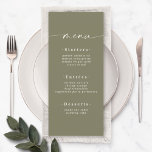 Elegant Solid Colour Olive Lily Green Wedding Menu<br><div class="desc">Elegant Solid Colour Olive Lily Green Wedding Menu. This modern chic Menu Card is simple classic and elegant with a plain solid colour background and a pretty signature script calligraphy font with tails. Shown in the new Colorway. With a pretty monogram on the back side. Available in several colour options,...</div>