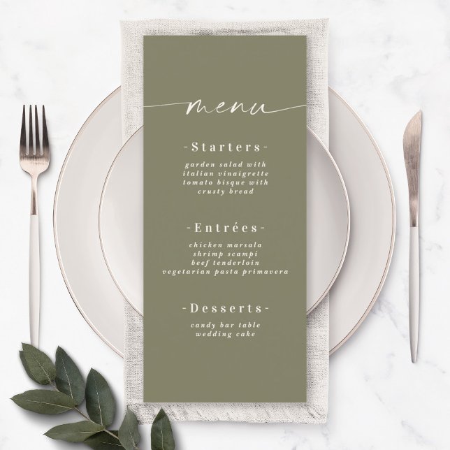 Elegant Solid Colour Olive Lily Green Wedding Menu (Creator Uploaded)