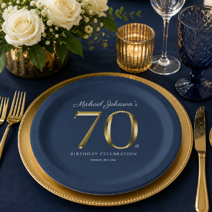 Elegant Solid Gold Text Navy Blue 70th Birthday  Paper Plate