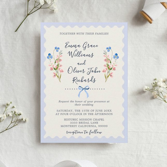 Elegant Something Blue Floral Bow Garden Wedding Invitation (Floral Romantic Garden Wedding Invitation.)