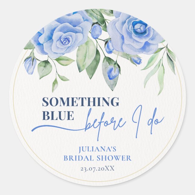 Elegant Something Blue Floral Bridal Shower Classic Round Sticker (Front)