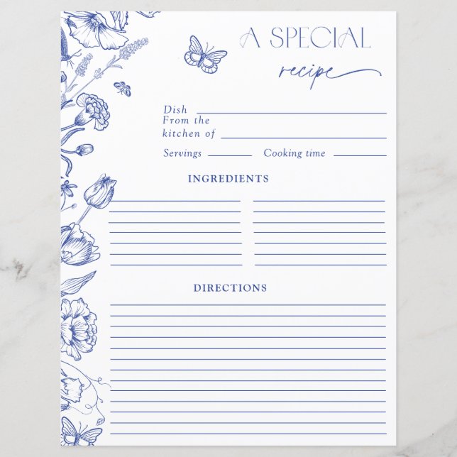 Elegant Something Blue Floral Bridal Shower Recipe (Front)