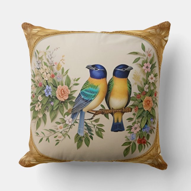 Elegant Songbirds Perched on Floral Branch Cushion (Front)