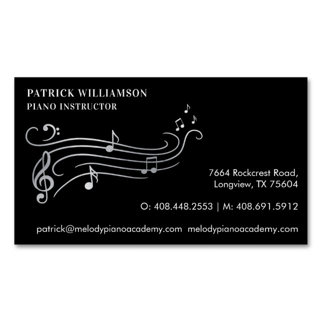 Elegant & Sophisticate Silver & Black Piano Music Magnetic Business Card (Front)
