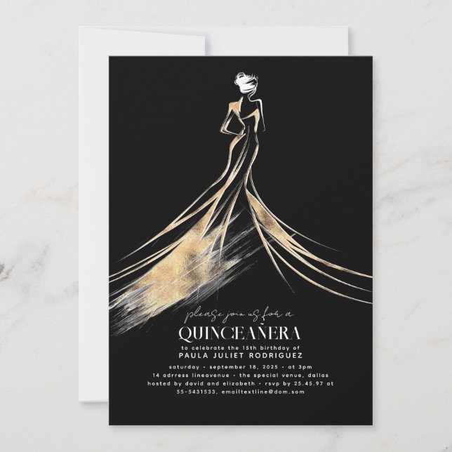 Elegant Sophisticated Black and Gold QUINCEAÑERA Invitation (Front)