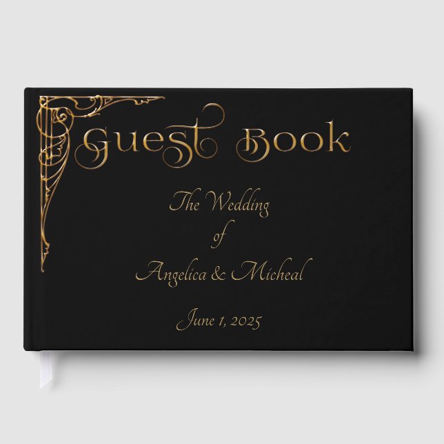 Elegant, Sophisticated Dramatic Black & Gold  Guest Book (Front)