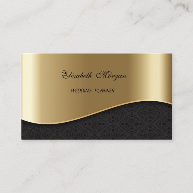 Elegant Sophisticated Faux Gold,Black Damask Business Card (Front)