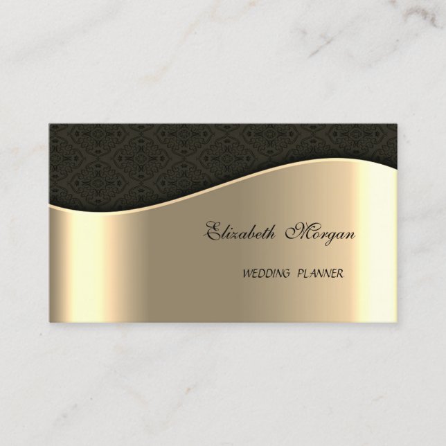 Elegant Sophisticated Faux Gold,Black Damask Business Card (Front)