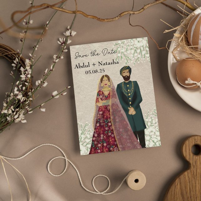 Elegant South Asian  Illustrated Couple Save The Date (Creator Uploaded)