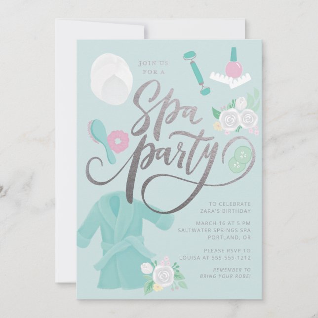 Elegant Spa Party Invitation Blue w/faux silver (Front)