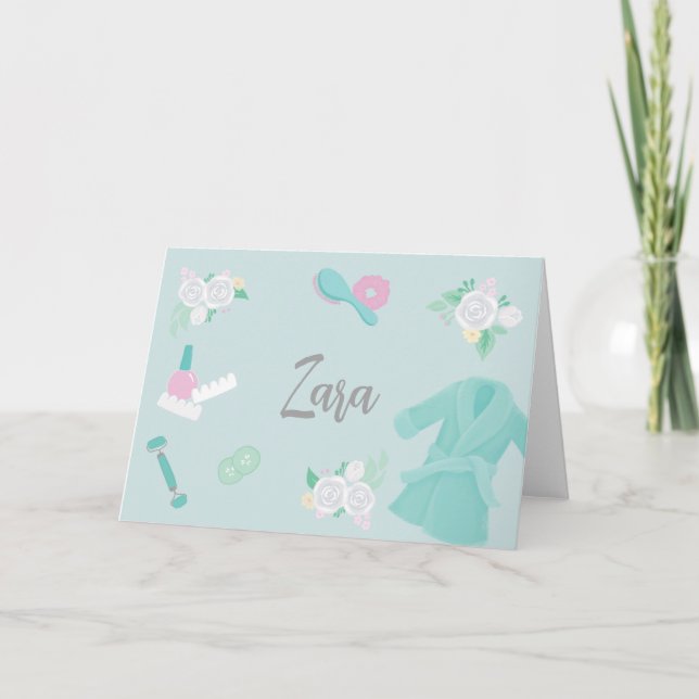 Elegant Spa-themed custom note faux-silver/blue Card (Front)