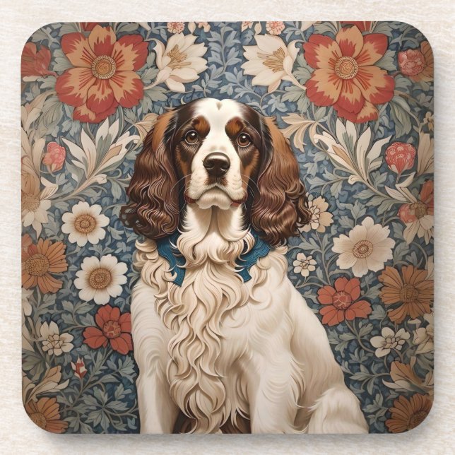 Elegant Spaniel On Floral Background Coaster (Front)