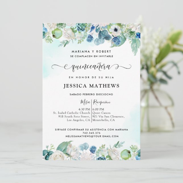 Elegant Spanish Aqua Turquoise Quinceañera Floral  Invitation (Standing Front)