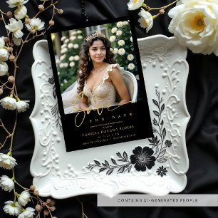 Elegant Spanish Black Trendy Quinceañera Photo Save The Date