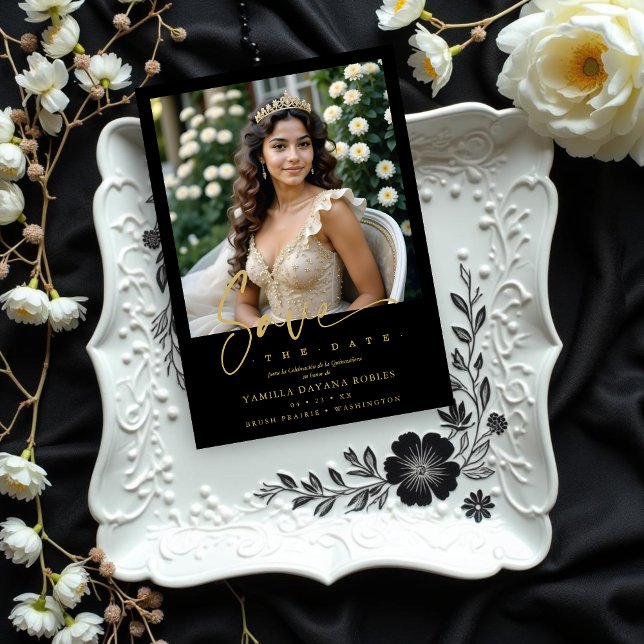 Elegant Spanish Black Trendy Quinceañera Photo Save The Date (Spanish Black Trendy Quinceañera Photo Save the Date Card Design. )