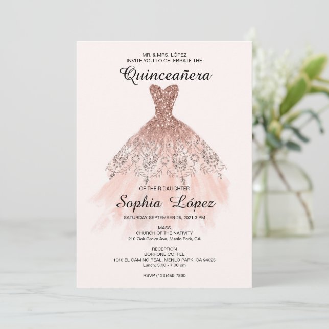 Elegant Spanish Quinceañera Mis Quince Pink Rose Invitation (Standing Front)