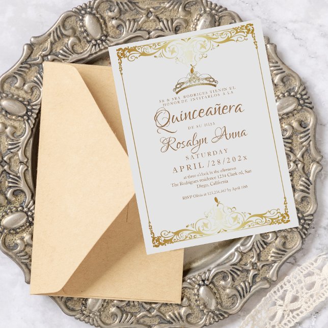 Elegant Spanish Quinceañera Mis Quince White Gold  Invitation (Creator Uploaded)