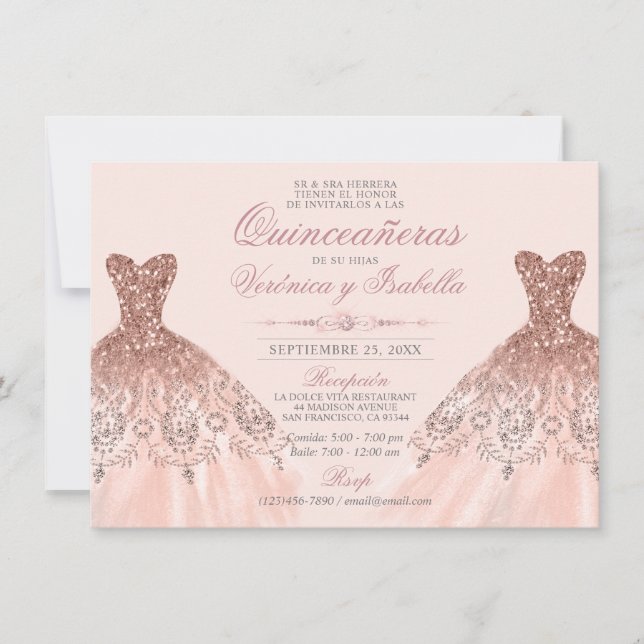 Elegant Spanish Quinceañera Quince Pink Rose Twins Invitation (Front)