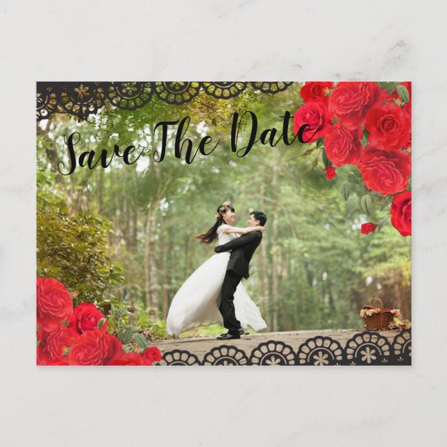 Elegant Spanish Red Rose & Black  Save The Date Announcement Postcard (Front)