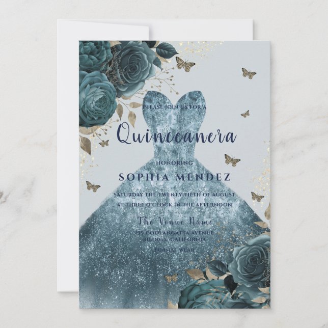 Elegant Sparkle Dress Gown Roses Quinceanera Party Invitation (Front)