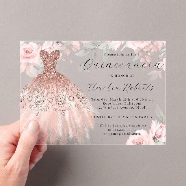 Elegant Sparkle Dress Rose Gold Quinceanera Acrylic Invitations (Insitu (Handheld))