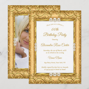 Elegant SPARKLE GOLD White Pearl Photo Birthday Invitation