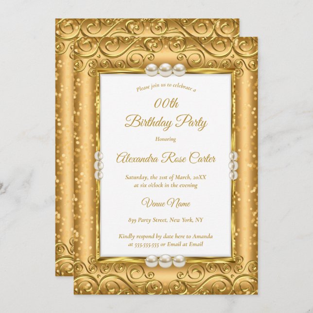 Elegant SPARKLE GOLD White Pearl Photo Birthday Invitation (Front/Back)
