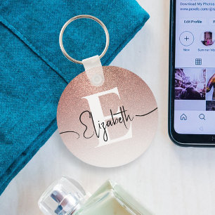 Elegant Sparkle Rose Gold Glitter White Monogram Key Ring