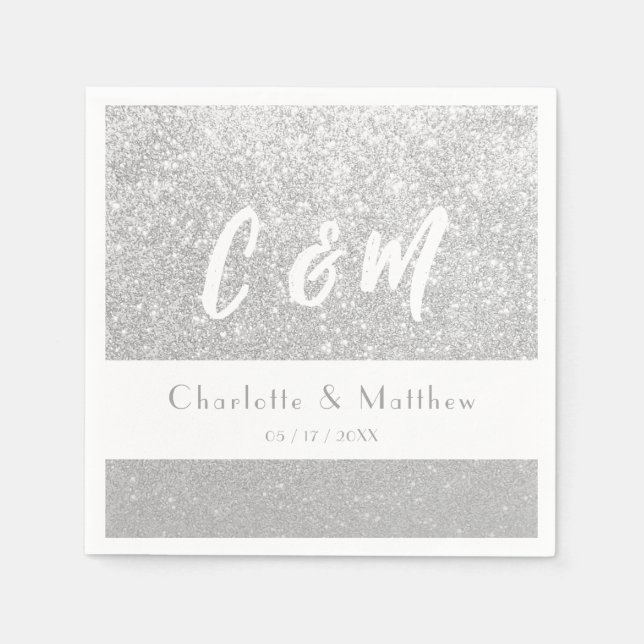 Elegant Sparkle Silver Glitter Wedding Napkins (Front)