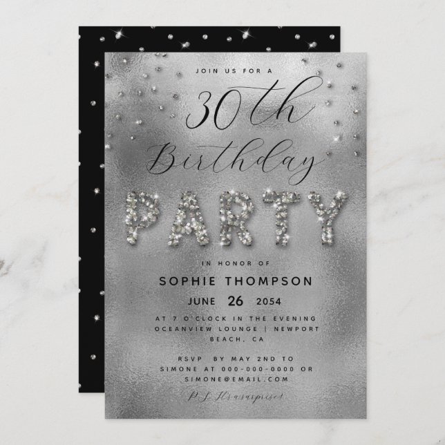 Elegant Sparkles Glitter Silver Birthday Party Invitation (Front/Back)
