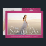 Elegant Sparkles Quinceañera 2 Photo Fuschia Pink Save The Date<br><div class="desc">Share the joyful news of an upcoming Quinceañera celebration with chic modern 2 photo save the date invitations. The pictures and all wording on this template are simple to personalise. The colours and font styles can be easily customised with the Zazzle Design Editor tool. The hot fuschia pink design features...</div>