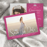 Elegant Sparkles Quinceañera 2 Photo Fuschia Pink Save The Date<br><div class="desc">Share the joyful news of an upcoming Quinceañera celebration with chic modern 2 photo save the date invitations. The pictures and all wording on this template are simple to personalise. The colours and font styles can be easily customised with the Zazzle Design Editor tool. The hot fuschia pink design features...</div>