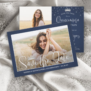 Elegant Sparkles Quinceañera 2 Photo Navy Blue Save The Date