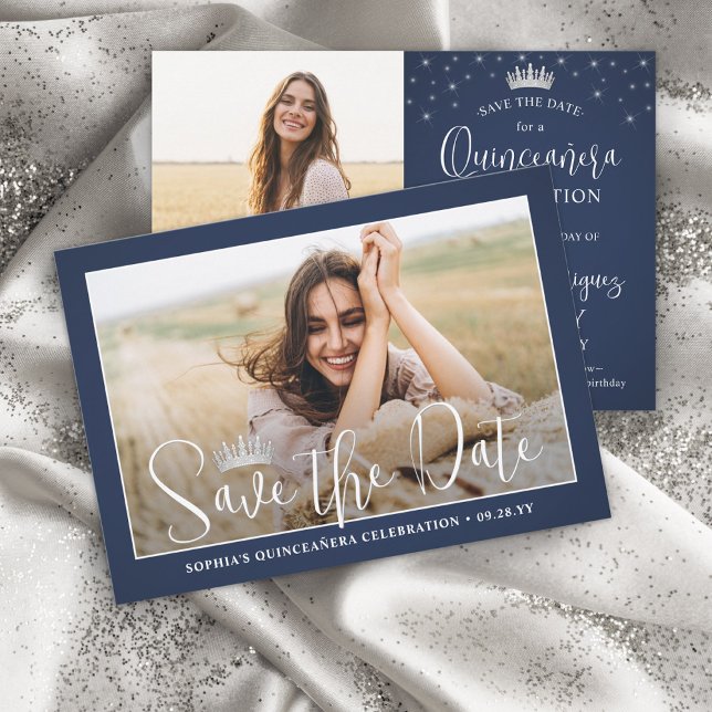 Elegant Sparkles Quinceañera 2 Photo Navy Blue Save The Date (Creator Uploaded)