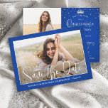 Elegant Sparkles Quinceañera 2 Photo Royal Blue Save The Date<br><div class="desc">Share the joyful news of an upcoming Quinceañera celebration with chic modern 2 photo save the date invitations. The pictures and all wording on this template are simple to personalise. The colours and font styles can be easily customised with the Zazzle Design Editor tool. The royal blue and white design...</div>