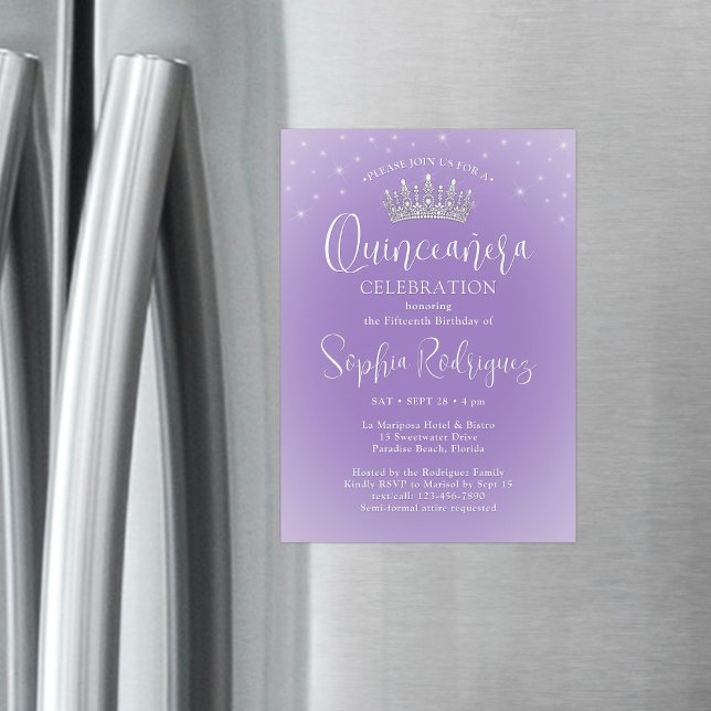 Elegant Sparkles Quinceañera Crown Lilac Purple Magnetic Invitation (Creator Uploaded)
