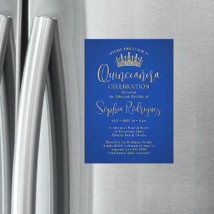 Elegant Sparkles Quinceañera Crown Royal Blue Gold Magnetic Invitation