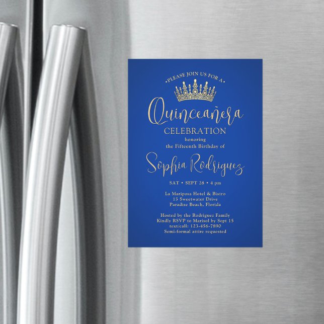 Elegant Sparkles Quinceañera Crown Royal Blue Gold Magnetic Invitation (Creator Uploaded)