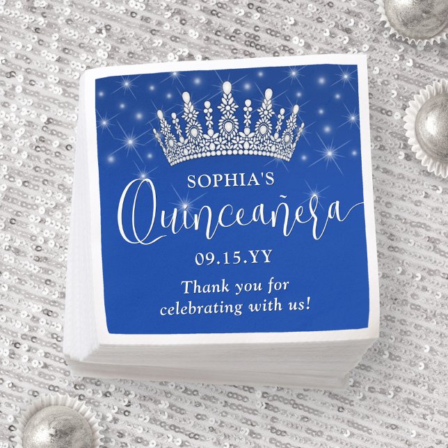 Elegant Sparkles Quinceañera Crown Royal Blue Napkin (Creator Uploaded)