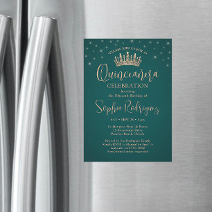 Elegant Sparkles Rose Gold Quinceañera Crown Green Magnetic Invitation