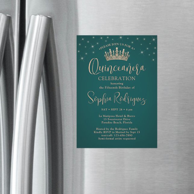 Elegant Sparkles Rose Gold Quinceañera Crown Green Magnetic Invitation (Creator Uploaded)