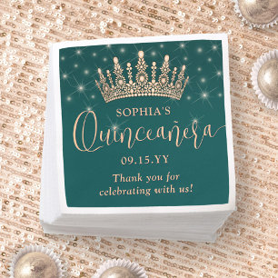Elegant Sparkles Rose Gold Quinceañera Crown Green Napkin