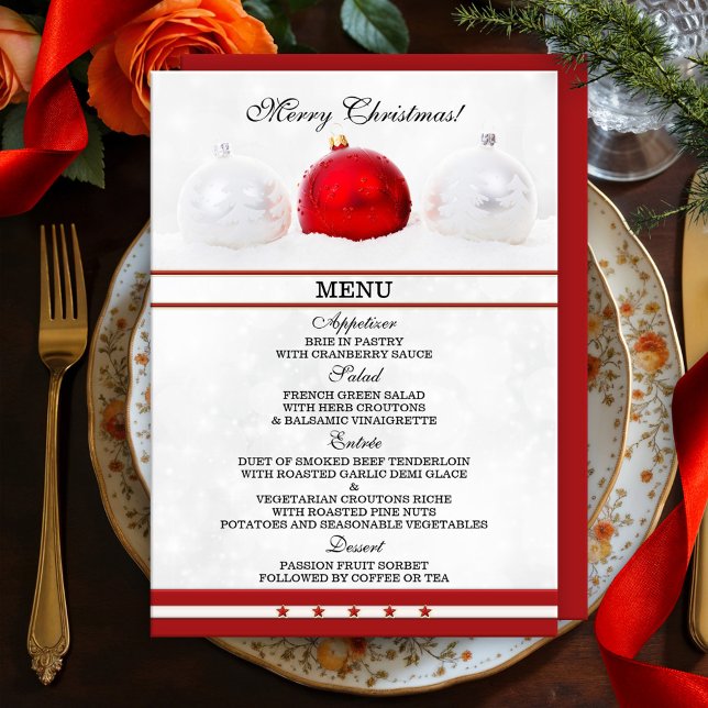 Elegant Sparkling Christmas Menu Card (Elegant classic Christmas menu card featuring silver and red baubles in sparkling snow )