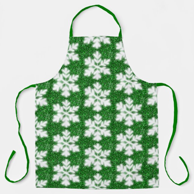 Elegant sparkling glitter green frosty snowflake apron (Front)