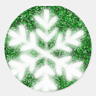 Elegant sparkling glitter green frosty snowflake classic round sticker