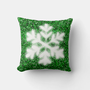 Elegant sparkling glitter green frosty snowflake cushion