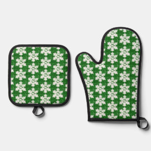 Elegant sparkling glitter green frosty snowflake oven mitt & pot holder set